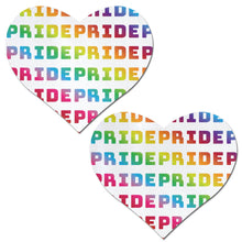 Load image into Gallery viewer, Love: Rainbow 'PRIDE' Pattern on White Heart Nipple Pasties by Pastease. Two white heart shape nipple covers with rainbow repeating pride text all over shown on a white background. Perfect for a festival, pride, burlesque performance, only fans content or a party.