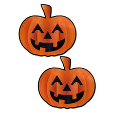 Load image into Gallery viewer, Pumpkin: Spooky Halloween Jack O' Lantern Nipple Pasties by Pastease. Two orange smiling carved pumpkins nipple covers on a plain white background. Perfect for a festival, pride, burlesque performance, only fans content or a party.