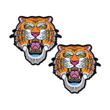 Load image into Gallery viewer, Tiger: Ferocious Tattoo Jungle Cat Diamond Thom by PasteaseĀ® o/s. Two traditional tattoo style orange roaring tiger shaped nipple covers on a white background. Perfect for a festival, pride, burlesque performance, only fans content or a party.