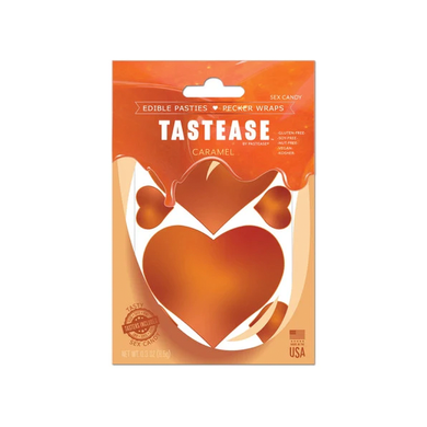 Tastease: Caramel Edible Pasties & Pecker Wrap by Pastease® o/s. Pack of edible caramel flavoured nipple covers on a white background. Perfect for a festival, pride, burlesque performance, only fans content or a party.