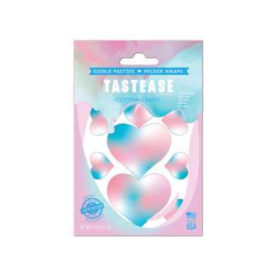 Tastease: Cotton Candy Edible Pasties & Pecker Wrap by Pastease® o/s. Pack of edible cotton candy flavoured nipple covers on a white background. Perfect for festivals, pride, burlesque, raves, only fans content or parties.
