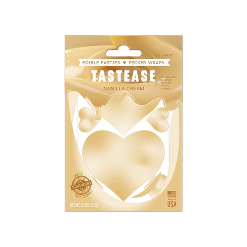 Tastease: Vanilla Cream Edible Pasties & Pecker Wrap by Pastease® o/s. Pack of edible vanilla cream flavoured nipple covers on a white background. Perfect for a festival, pride, burlesque performance, only fans content or a party.