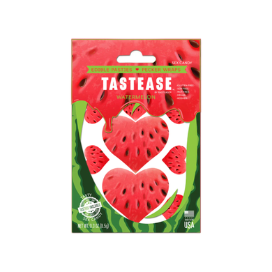 Tastease: Watermelon Edible Pasties & Pecker Wrap by Pastease® o/s. Pack of edible watermelon flavoured nipple covers on a white background. Perfect for festivals, pride, burlesque, raves, only fans content or parties.