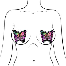 Load image into Gallery viewer, Butterfly Melt Trippy Glitter Rainbow Nipple Pasties by Pastease® o/s. Two glittery butterfly pastel rainbow drippy butterfly shaped nipple covers shown on a femme body outline for size reference on a white background.