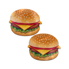 Load image into Gallery viewer, The Burger: Delicious Cheeseburger Nipple Pasties by Pastease. Two Cheeseburger nipple covers on a white background. Perfect for a festival, pride, burlesque performance, only fans content or a party.
