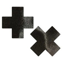 Load image into Gallery viewer, Everyday reusable liquid black cross with mini hearts reusable nipple pasties by pastease everyday o/s. Two black shimmery glitter cross pasties on a white background. Perfect for a festival, pride, burlesque performance, only fans content or a party.