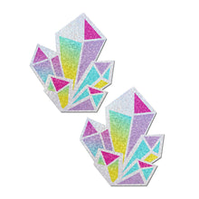 Load image into Gallery viewer, pastel holographic crystals pasties with yellow, lilac, pink and teal colours all bending together to pop. Perfect for a festival, pride, burlesque performance, only fans content or a party.
