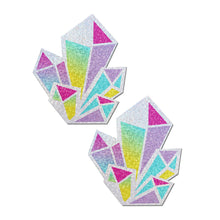 Load image into Gallery viewer, pastel holographic crystals pasties with yellow, lilac, pink and teal colours all bending together to pop. Perfect for a festival, pride, burlesque performance, only fans content or a party.