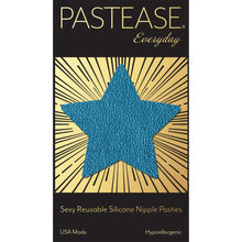 Load image into Gallery viewer, Everyday Reusable: Tourmaline Teal Vegan Luxury Suede Star with Mini Hearts Reusable Nipple Covers by Pastease® Everyday o/s on the pastease everyday black and gold packaging backing card. Perfect for a festival, pride, burlesque performance, only fans content or a party.