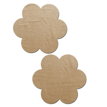 Load image into Gallery viewer, Everyday reusable: camel suede flower with mini hearts reusable nipple pasties by pastease. Two camel coloured flower pasties on a white background. Perfect for a festival, pride, burlesque performance, only fans content or a party.