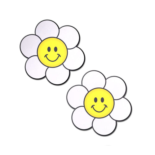 Daisy: Smiling Flower Happy Face Pasties by Pastease® o/s. Two Smiling Daisy yellow and white shaped nipple covers on a white background. Perfect for a festival, pride, burlesque performance, only fans content or a party.