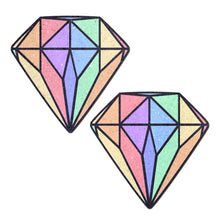 Load image into Gallery viewer, Gem: Pastel Rainbow Diamond Nipple Pasties by Pastease. Two pastel rainbow glitter diamond gem crystal nipple covers on a white background. Perfect for a festival, pride, burlesque performance, only fans content or a party.