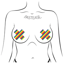 Load image into Gallery viewer, Plus X: Glittering Rainbow Cross Nipple Pasties by PasteaseĀ®. Two glitter sparkle rainbow stripe plus x cross nipple covers shown on a femme body outline for size reference on a white background.