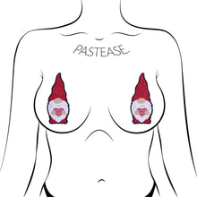 Load image into Gallery viewer, Valentine Sweetheart Garden Gnome Gonk Nipple Covers by Pastease®. Two red glitter gonk gnomes smiling holding up a red heart with repeating white XOXO pasties shown on a femme body outline for size reference on a white background.