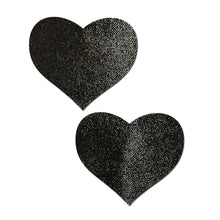 Load image into Gallery viewer, everyday reusable liquid black heart with mini hearts reusable nipple pasties by pastease everyday. Two black shimmer heart pasties on a white background. Perfect for a festival, pride, burlesque performance, only fans content or a party.