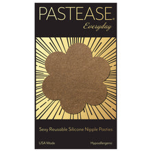 Load image into Gallery viewer, Everyday reusable honey suede nude flower with mini hearts reusable nipple pasties by pastease everyday. Honey coloured flower pastie on a pastease everyday gold and black backing card. Perfect for a festival, pride, burlesque performance, only fans content or a party.