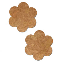 Load image into Gallery viewer, Everyday reusable honey suede nude flower with mini hearts reusable nipple pasties by pastease everyday. Two honey coloured flower pasties on a white background. Perfect for a festival, pride, burlesque performance, only fans content or a party.