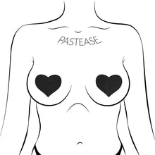 Load image into Gallery viewer, Love: Liquid Heart Nipple Pasties by Pastease. Black shiny heart shaped nipple covers shown on a femme body outline for size reference on a white background.