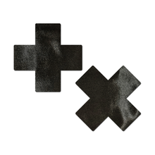 Load image into Gallery viewer, Plus X: Liquid Black Cross Nipple Pasties by Pastease®. Two shiny shimmer black plus x cross nipple covers on a white background. Perfect for a festival, pride, burlesque performance, only fans content or a party.