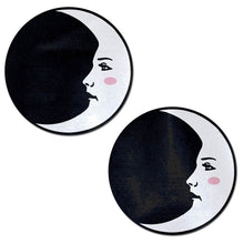 Load image into Gallery viewer, Moon: Black and White Man in the Moon Nipple Pasties by Pastease. Two crescent moon with pink blush on black circle nipple covers on a white background. Perfect for a festival, pride, burlesque performance, only fans content or a party.