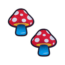 Load image into Gallery viewer, The Mushroom: Colourful Shroom Nipple Pasties by Pastease. Two red and blue glittery mushroom nipple covers on a white background. Perfect for a festival, pride, burlesque performance, only fans content or a party.