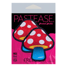 Load image into Gallery viewer, The Mushroom: Colourful Shroom Nipple Pasties by Pastease. Two red and blue glitter mushroom nipple covers in pink and black pastease packaging on a white background. Perfect for a festival, pride, burlesque performance, only fans content or a party.