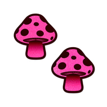 Load image into Gallery viewer, The Mushroom: Neon Pink Shroom Nipple Pasties by Pastease. Two pink and black glittery mushroom nipple covers on a white background. Perfect for a festival, pride, burlesque performance, only fans content or a party.