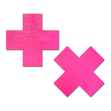 Load image into Gallery viewer, The Plus X: Neon Pink (Blacklight Reactive) Cross Nipple Pasties by Pastease. Two neon Pink Cross Plus X nipple covers on a white background. Perfect for a festival, pride, burlesque performance, only fans content or a party.