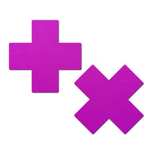 Load image into Gallery viewer, The Plus X: Neon Purple Cross Nipple Pasties by Pastease. Two neon purple Cross Plus X nipple covers on a white background. Perfect for a festival, pride, burlesque performance, only fans content or a party.