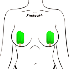 Load image into Gallery viewer, Popsicle: Lime Green Ice Pop Nipple Pasties by Pastease®. Neon green ice pop pole lolly with a brown stick nipple covers shown on a femme body outline for size reference on a white background.