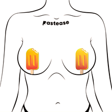 Load image into Gallery viewer, Popsicle: Orange Ice Pop Pasties by Pastease® o/s. Two orange creamsicle ice pop pole lolly with a brown stick nipple covers shown on a femme body outline for size reference on a white background.