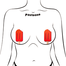 Load image into Gallery viewer, Popsicle: Cherry Red Ice Pop Pasties by Pastease®. Two cherry red ice pop pole lolly with a brown stick nipple covers shown on a femme body outline for size reference on a white background.