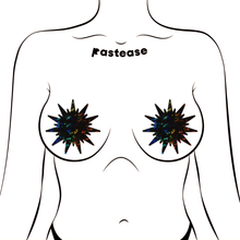 Load image into Gallery viewer, Sunburst: Black Shattered Glass Disco Ball Nipple Pasties by Pastease. Two black iridescent nipple covers shown on a femme body outline for size reference on a white background