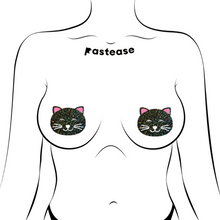 Load image into Gallery viewer, Kitty Cat: Happy Black Glitter Nipple Pasties by Pastease shown on a femme body outline for size reference on a white background.