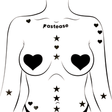 Load image into Gallery viewer, Pastease Confetti: Liquid Black Baby Heart & Star Body Pasties by Pastease®. Mini shiny black hearts and stars body stickers shown on a femme body outline for size reference on a white background.