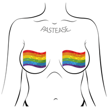 Load image into Gallery viewer, Flag: Gay Rainbow Waving Flag Pride Pasties by Pastease® o/s. Two rainbow pride flag shaped nipple covers on a white background. Perfect for a festival, pride, burlesque performance, only fans content or a party.