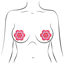 Load image into Gallery viewer, Daisy: Red & Pink Glitter Velvet Pasties by Pastease® o/s. Two pink and red glittery Daisy shaped nipple covers shown on a femme body outline for size reference on a white background.