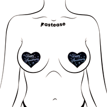 Load image into Gallery viewer, Love: Happy Anniversary Heart Pasties by Pastease®. Two glittery black heart shaped nipple covers with silver italic font reading happy anniversary and stars shown on a femme body outline for size reference on a white background.