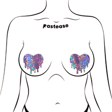 Load image into Gallery viewer, Melty Heart: Lilac Iridescent Nipple Pasties by Pastease shown on a femme body outline for size reference on a white background.