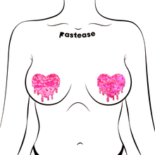 Load image into Gallery viewer, Melty Heart: Pink Iridescent Nipple Pasties by Pastease shown on a femme body outline for size reference on a white background.