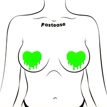 Load image into Gallery viewer, Melty Heart: Neon Green Nipple Pasties by Pastease. Two neon green drippy heart shaped nipple covers shown on a femme body outline for size reference on a white background.