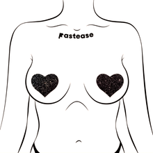 Load image into Gallery viewer, Love: Sparkle Velvet Heart Nipple Pasties by Pastease shown on a femme body outline for size reference on a white background.