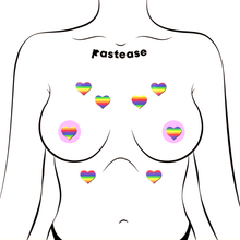 Load image into Gallery viewer, Body minis: 10 Rainbow Hearts Nipple Pasties by Pastease. Ten mini rainbow striped heart shape body stickers shown on a femme body outline for size reference on a white background.