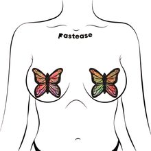 Load image into Gallery viewer, Monarch: Glitter Pastel Rainbow Butterfly Pasties by Pastease® o/s. Two glittery pastel rainbow tie dye butterfly shaped nipple covers shown on a femme body outline for size reference on a white background.