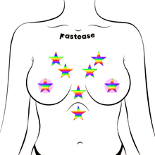 Load image into Gallery viewer, Body Minis: 10 Mini Rainbow Star Nipple & Body Pasties by PasteaseĀ®. Ten mini rainbow stars body stickers shown on a femme body outline for size reference on a white background.