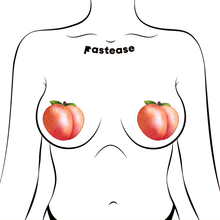 Load image into Gallery viewer, Peach: Fuzzy Sparkling Georgia Peaches Pasties by Pastease® o/s. Two glittery peach fruit nipple covers in orange pink with green leaves shown on a femme body outline for size reference on a white background.