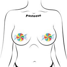 Load image into Gallery viewer, Candy: Rainbow Swirl Nipple Pasties by Pastease. Two sweet shaped nipple covers shown on a femme body outline for size reference on a white background.