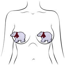 Load image into Gallery viewer, Polar Bear with Scarf Sparkling Glittery Pasties by Pastease® o/s. Two polar bear christmas holiday fun shaped nipple covers shown on a femme body outline for size reference on a white background.