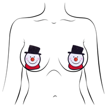 Load image into Gallery viewer, Snowman Christmas Holiday Pasties by Pastease. Two smiling snowmen wearing hats and scarves with a glittery fabric shaped nipple covers shown on a femme body outline for size reference on a white background.