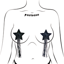 Load image into Gallery viewer, Tassel Pasties: Black Sparkle Star Nipple Pasties by Pastease shown on a femme body outline for size reference on a white background.